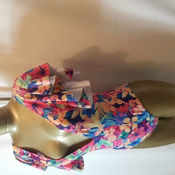 HAUTE PINK & BLUE TROPICAL PRINT LOW PLUNGE ONE PIECE SWIMSUIT - Picture 4 of 6